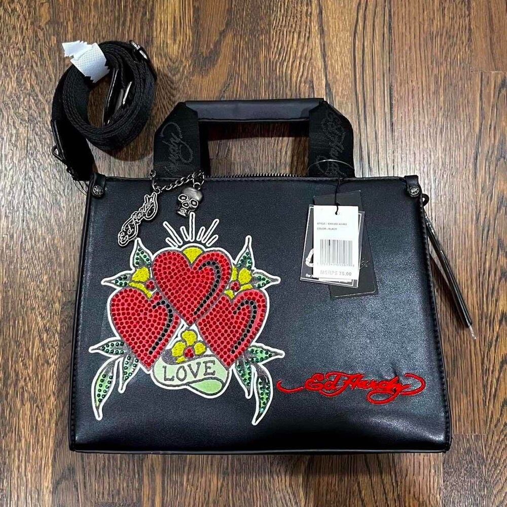 ed hardy squared tote bag (embroidered logo + charms) purse shoulder strap (NWT)